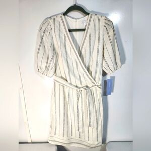 NWT London Times Linen Striped Wrap Dress in Cream and Black, Size 6